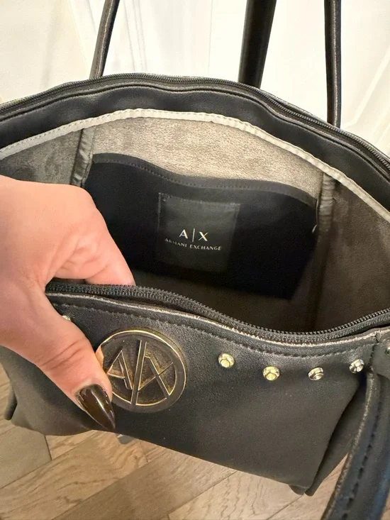 A|X Armani Exchange Black Studded Tote Bag Zip Top Large Shoulder Bag - Picture 7 of 9